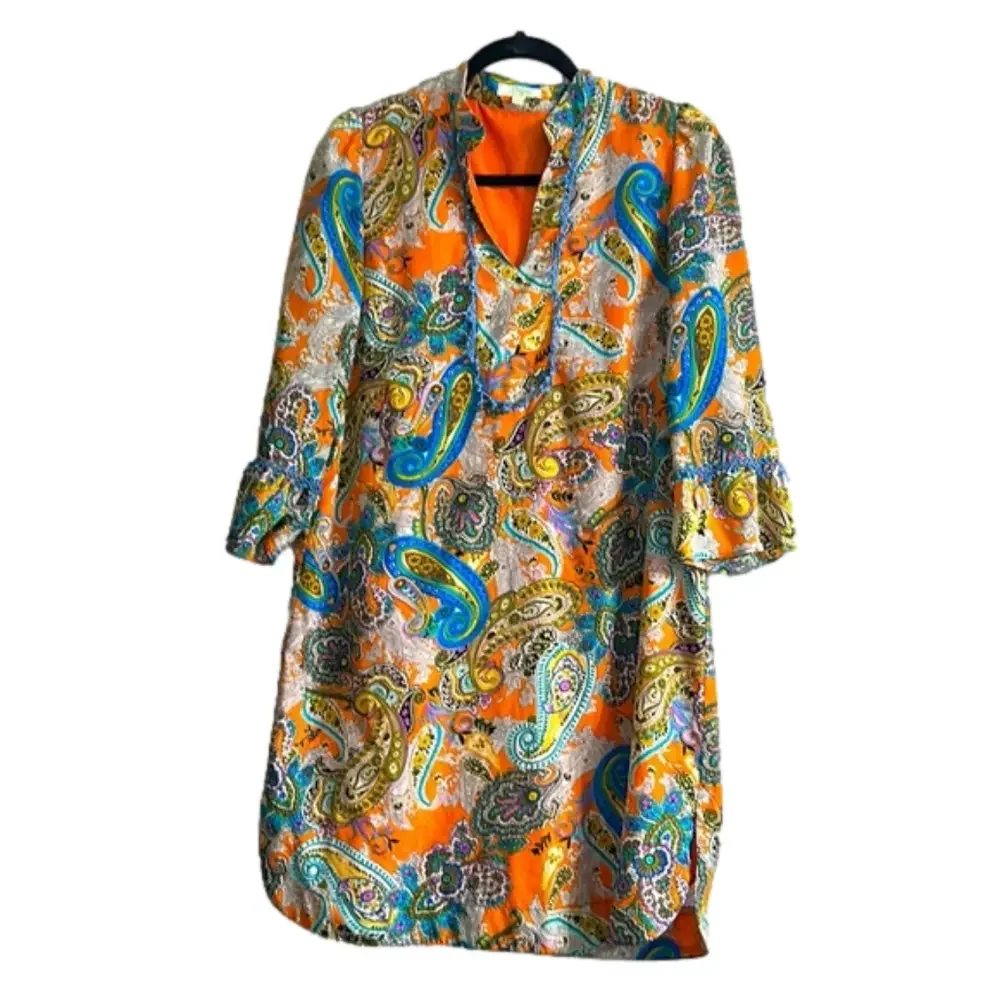 Jade dress m medium orange blue green paisley with lace - Picture 1 of 5